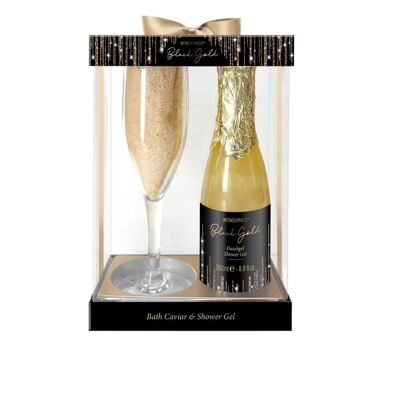 Black Gold Cosmetic Gift Set with Glass and Champagne
