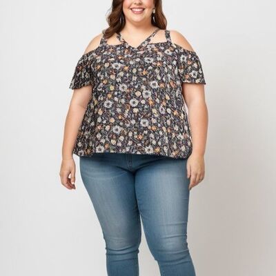 Top negro con estampado floral de talla grande (C6204)