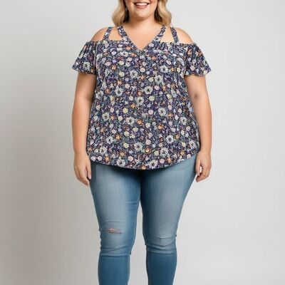 Top blu con motivo floreale taglie forti (C6204)