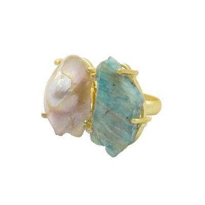 Bague Serena en amazonite et perle vert aqua brut