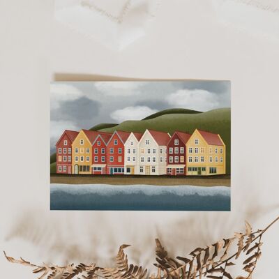 Carte postale de maisons norvégiennes à Bergen, carte de voyage - carte postale d'une ville côtière du fjord norvégien