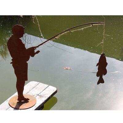 Patina angler figure Otmar with fish - Large metal decorative figure for garden pond and garden