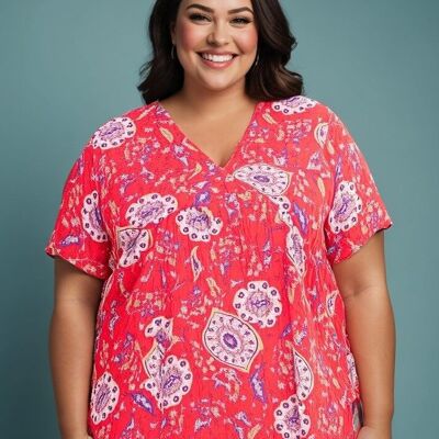 Top con stampa floreale rossa taglie forti (C6219)