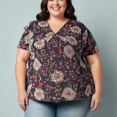 Top nero con stampa floreale taglie forti (C6219)