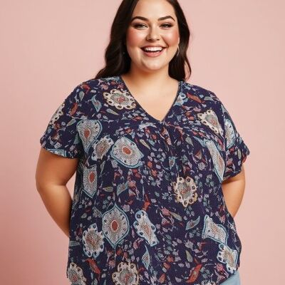 Top grande taille imprimé fleuri bleu (C6219)