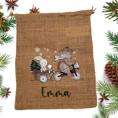 Sac Père Noël personnalisé en coton/jute – Sac cadeau pour enfants – Emballage durable – Sac Père Noël avec nom