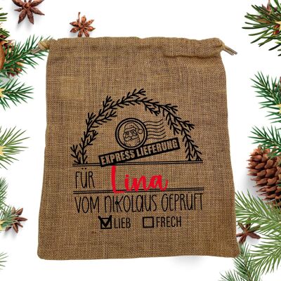 Sac Père Noël personnalisé en coton/jute – Sac cadeau pour enfants – Emballage durable – Sac Père Noël avec nom