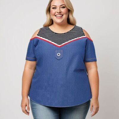 T-shirt grande taille voile de coton jean (C6220)