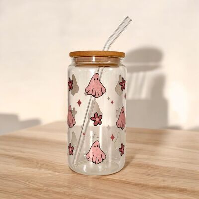Gobelet en verre Pinky Ghosts avec couvercle en bambou et paille en verre