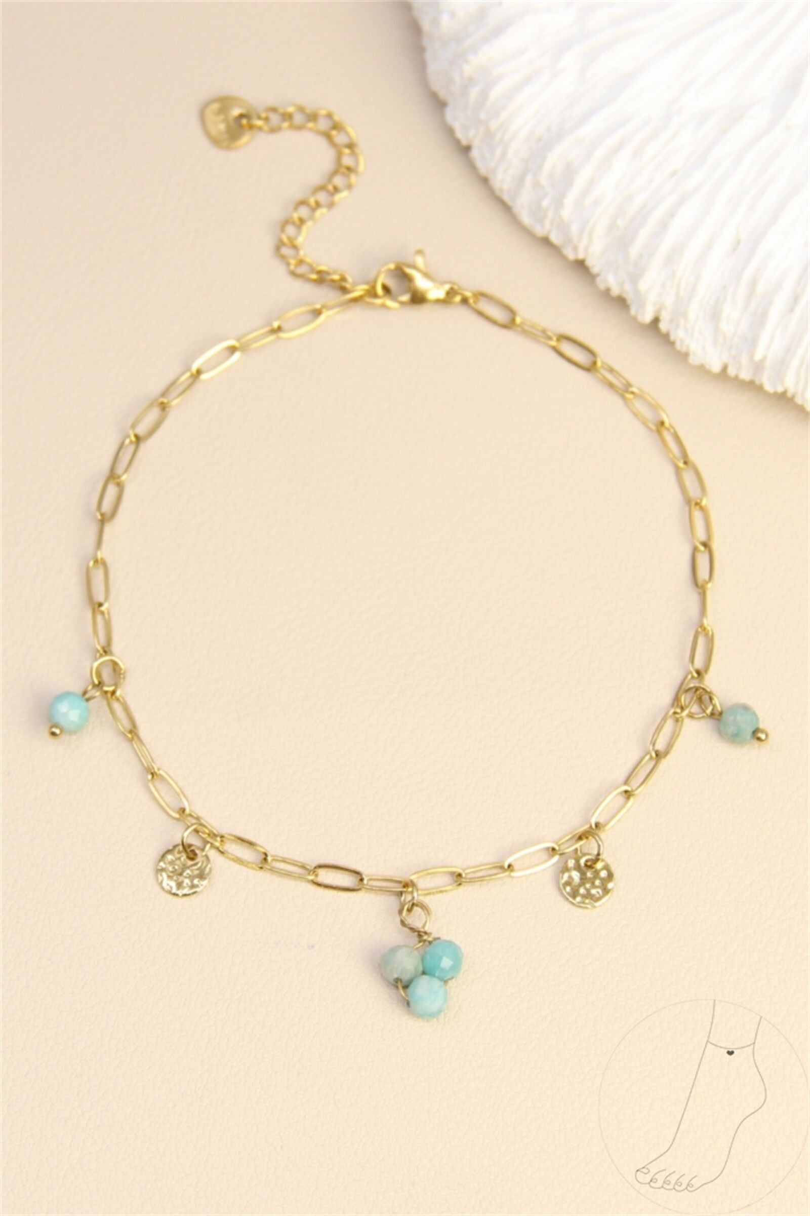 Chaîne de cheville acier inoxydable – pampilles pierres turquoise & médaillons martelés