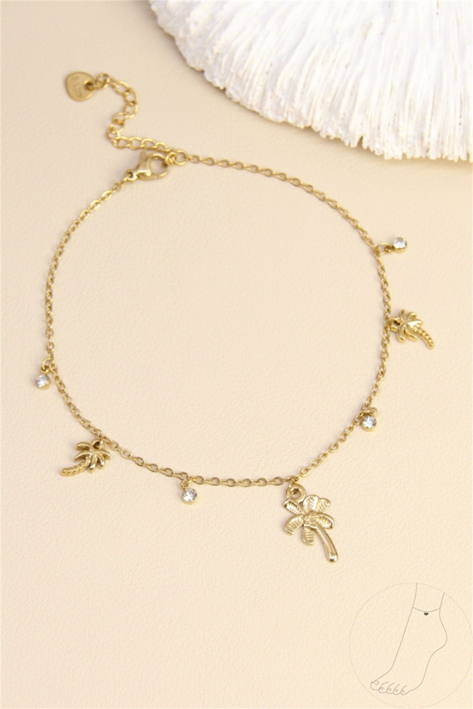 Chaîne de cheville dorée acier inoxydable – Breloques palmiers & strass d’été