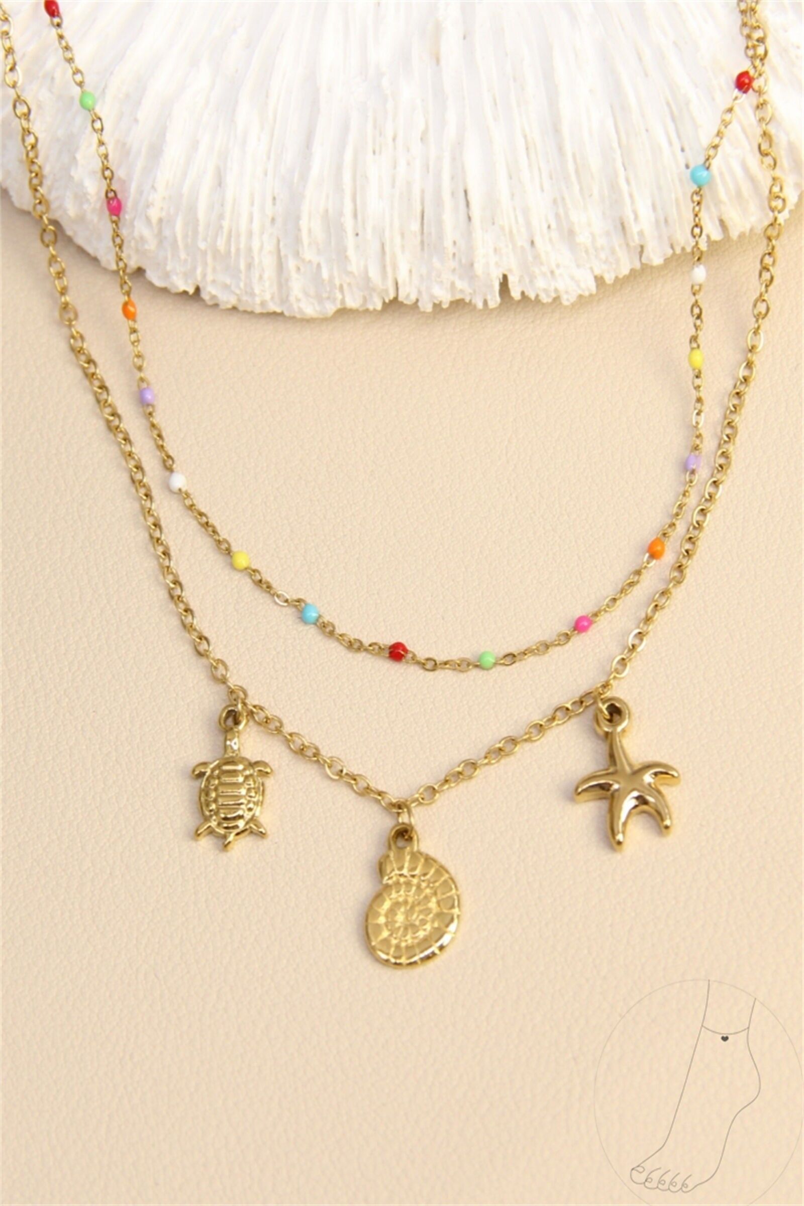 Chaîne de cheville double rang – Perles colorées & breloques marines