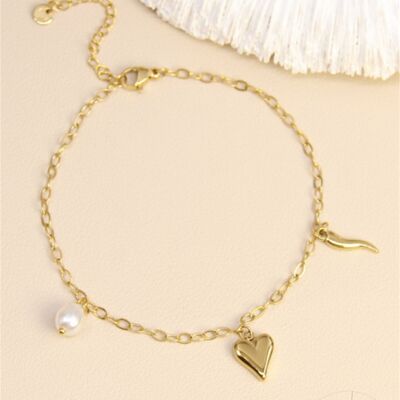 Tobillera de oro: perla, corazón liso y amuleto de la suerte de cuerno