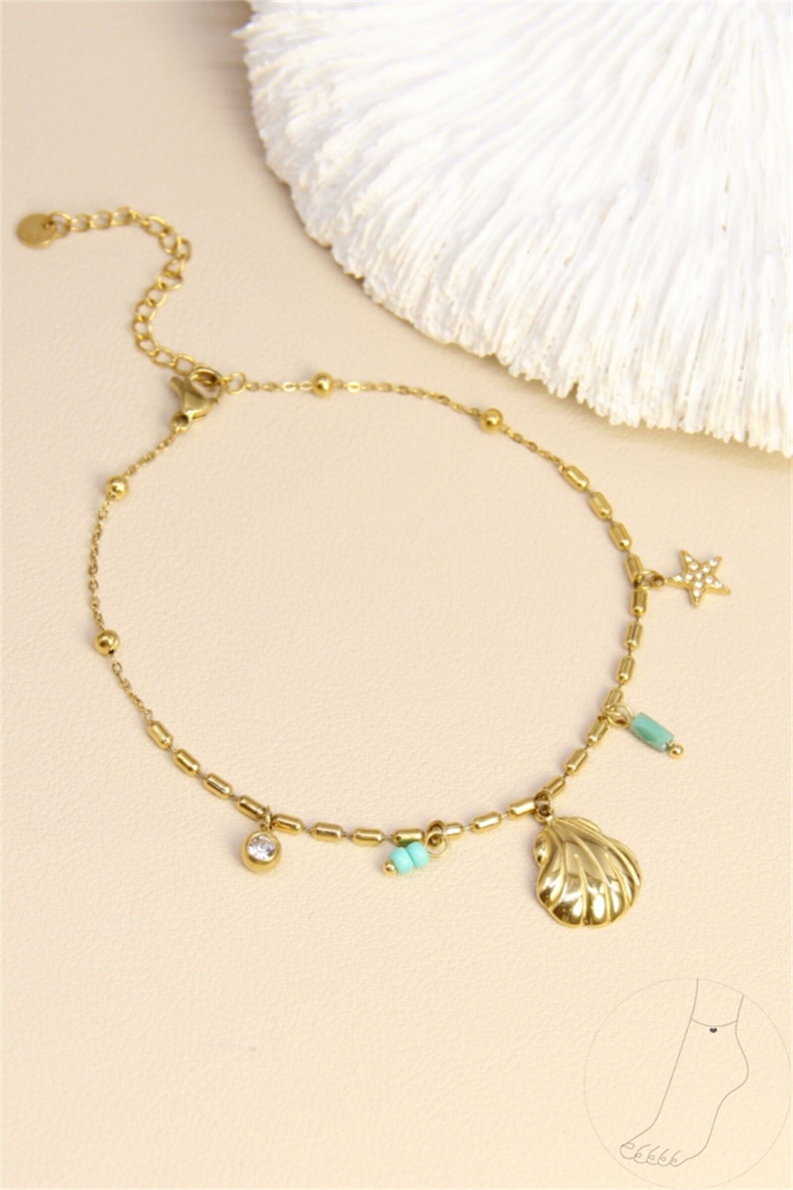 Chaîne de cheville dorée – Coquillage central & pampilles pierres turquoise