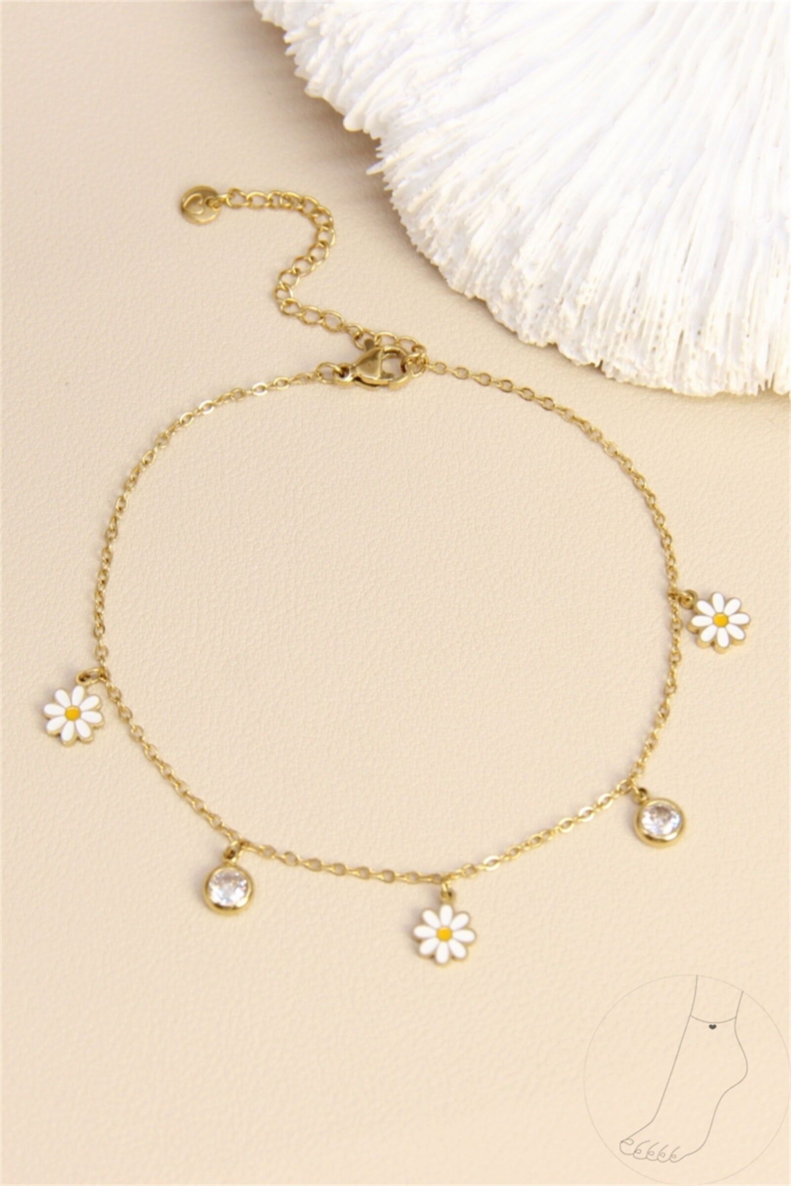 Chaîne de cheville marguerites & strass – Acier inoxydable
