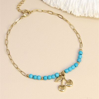 Chaîne de cheville cerises dorées – Perles turquoise & maillons acier inoxydable