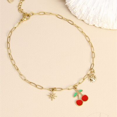 Chaîne de cheville – Cerises émaillées & charms soleil et étoile