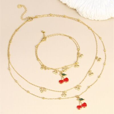 Cherry necklace & bracelet set – Gold-plated stainless steel, red enamel details
