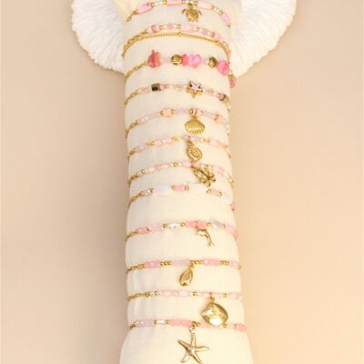 Set of 12 Stainless Steel Bracelets – Pink Beads & Gold Charms – Free Display