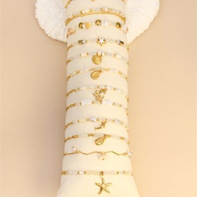 Set of 12 Stainless Steel Bracelets – Pearly & Gold Shine – Free Display