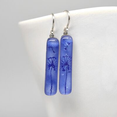 Boucles d'oreilles longues pissenlit, bleu clair, crochet en argent sterling 925