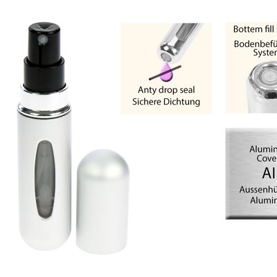 Atomizador de bolsillo, plata mate, para 5 ml, con llenado automático y ventana de visualización.