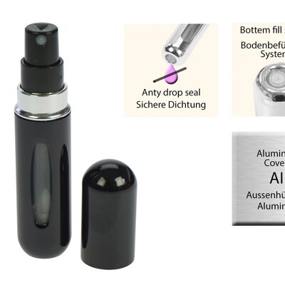 Pocket atomizer, black for 5 ml, with automatic filling and viewing window