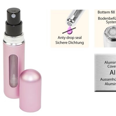 Atomiseur de poche, rose mat pour 5 ml, avec remplissage automatique et fenêtre de visualisation