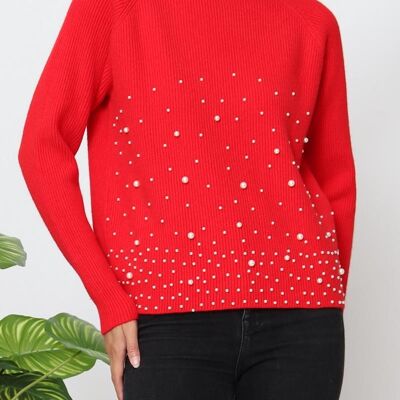 Pull Col Montant avec Perles – Élégance Texturée & Détail Raffiné