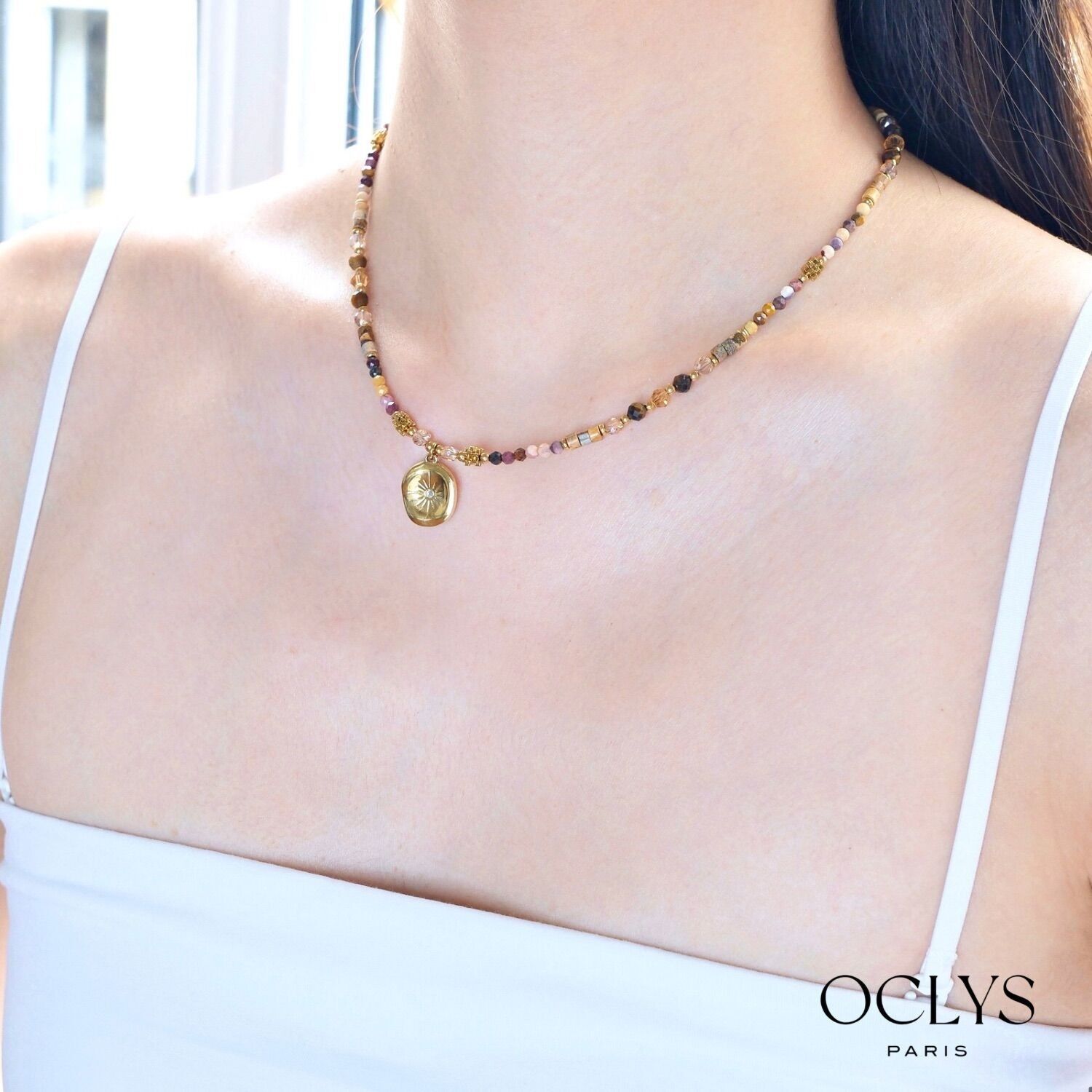 Dania gold-plated stainless steel brown natural stone necklace