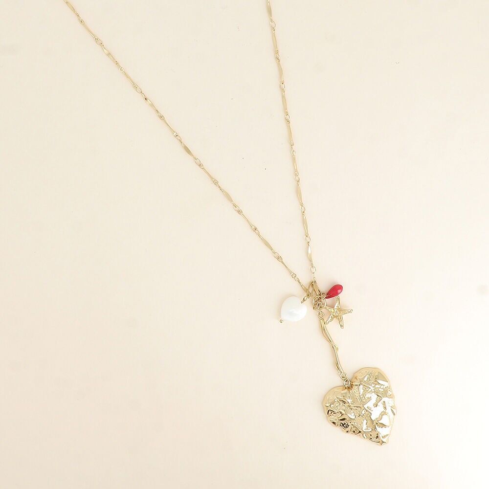 Y-förmige Halskette - großes Herz mit Seestern, Herz aus perlmuttfarbenem Harz