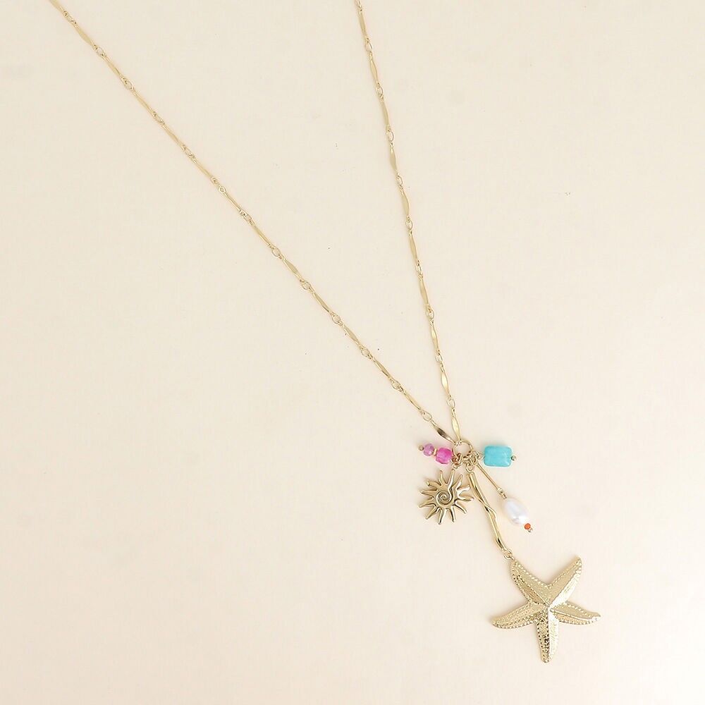 Y-Halskette - Seestern, weiße Harzperle, Sonne und Natursteine
