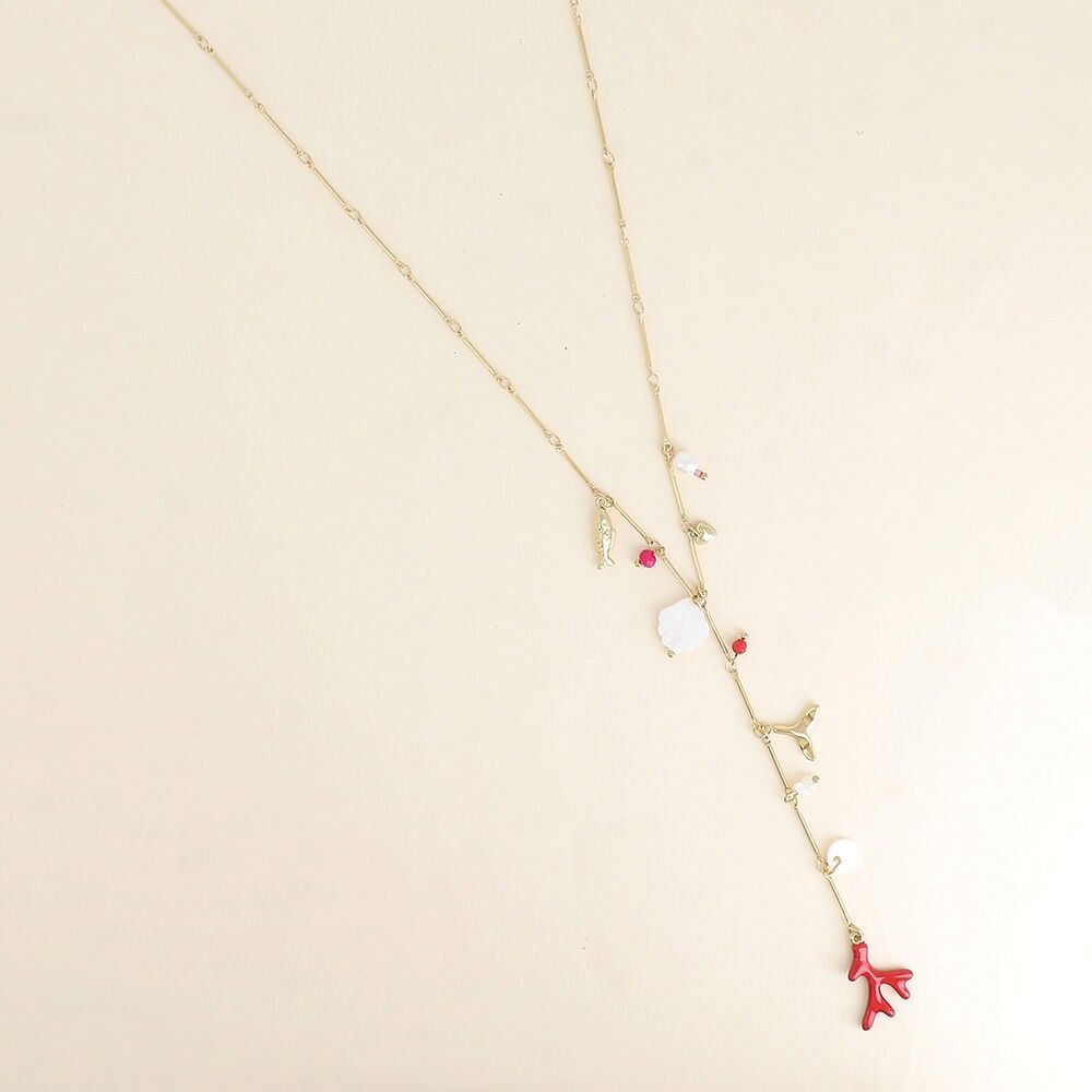 Collier en Y - perle d'eau douce, poisson, coquillage nacré, queue de poisson, branche de corail en émail, pastille nacrée, coeur