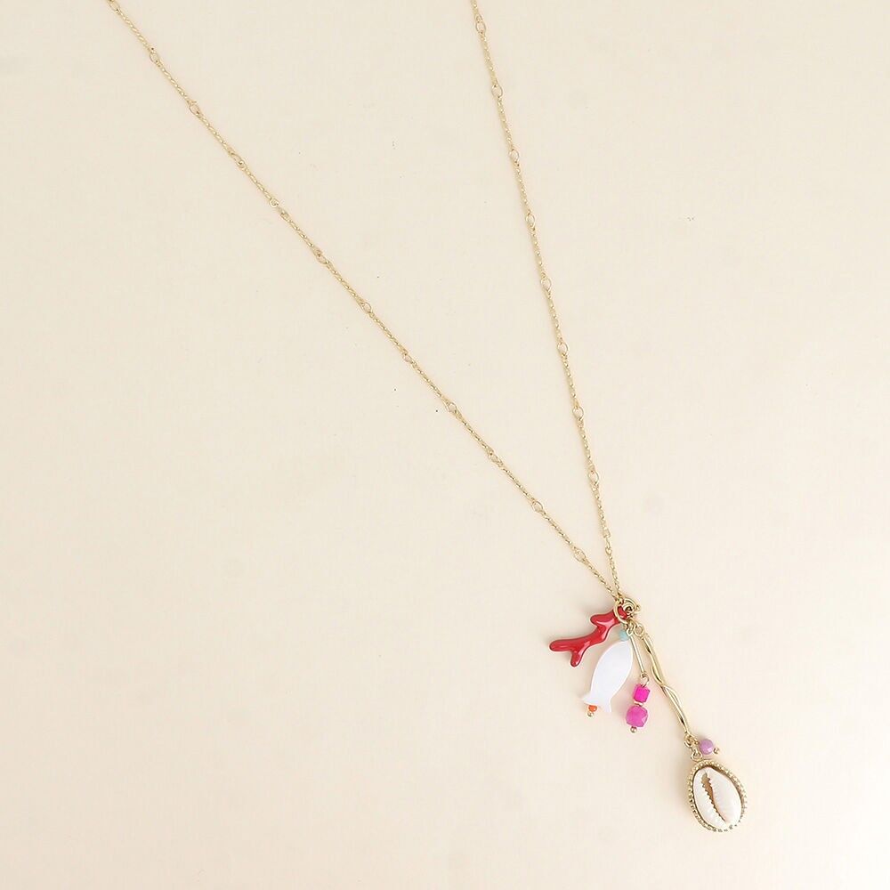 Y-Halskette - natürliche Kauri-Muschel, emaillierter Korallenzweig, Natursteine und Perlenfisch