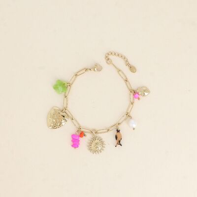 Pulsera - corazón martillado, sol, flor y pez en resina, piedras naturales