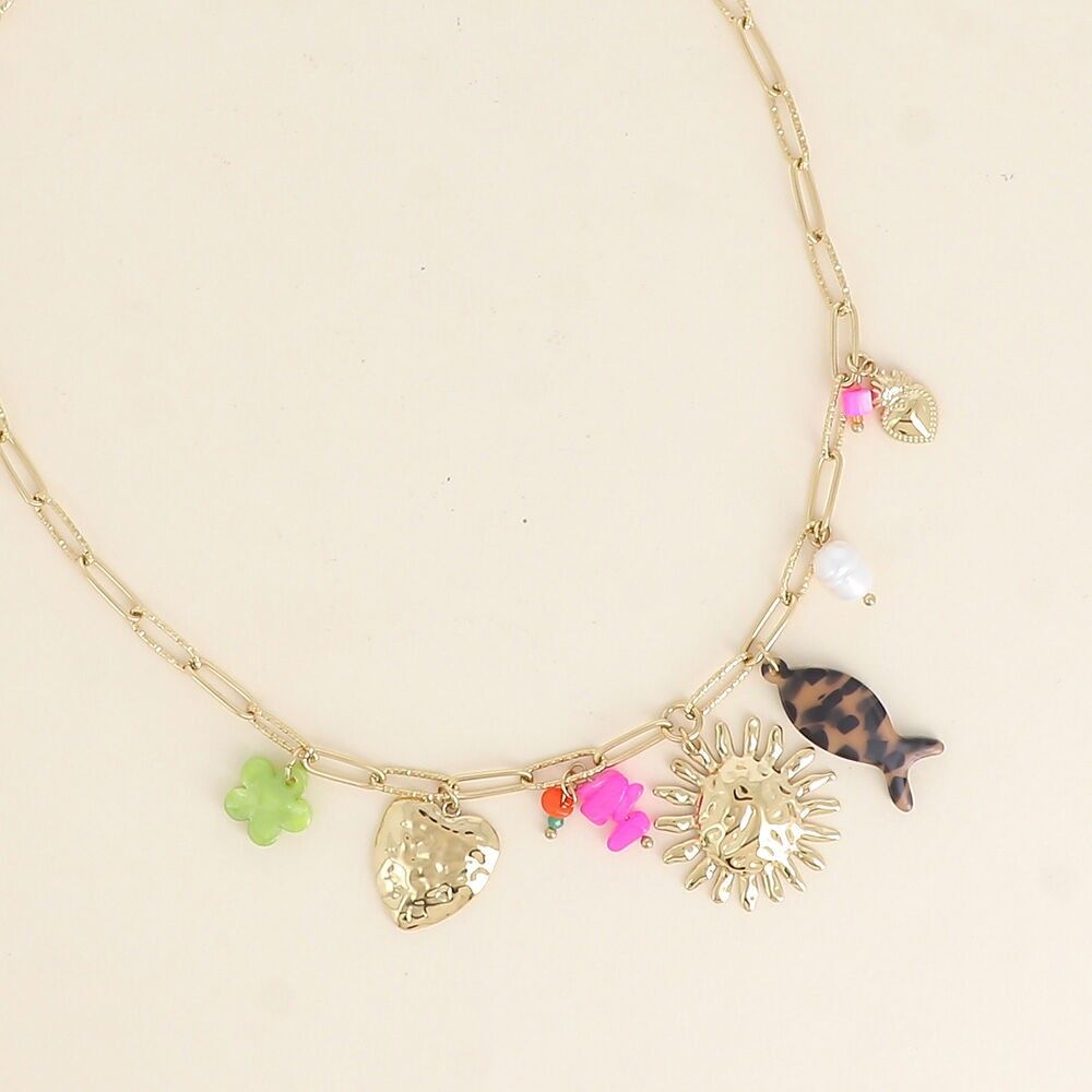 Halskette - gehämmertes Herz, Sonne, Blume und Fisch aus Harz, Natursteine