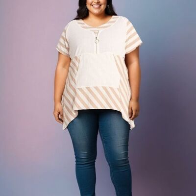 Tunique beige semi rayé grande taille (C6226)