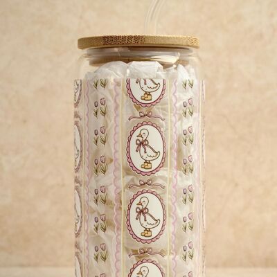 Vintage Ducks Collection glass tumbler with bamboo lid and glass straw