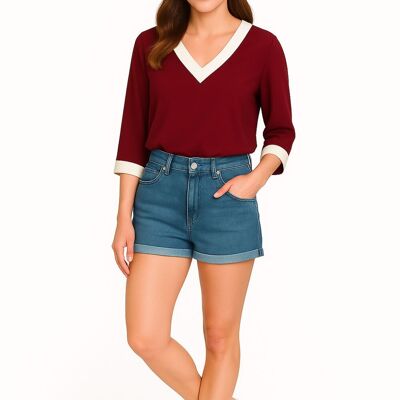 Oversized Top With White Tape Collared Details In Burgundy