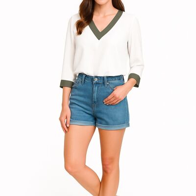 Oversized Top With Khaki Tape Collared Details In White