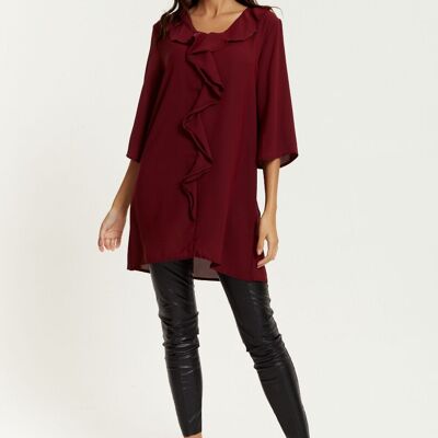 Oversized Frill Detailed 3/4 Sleeves Tunic Shirt in Burgundy