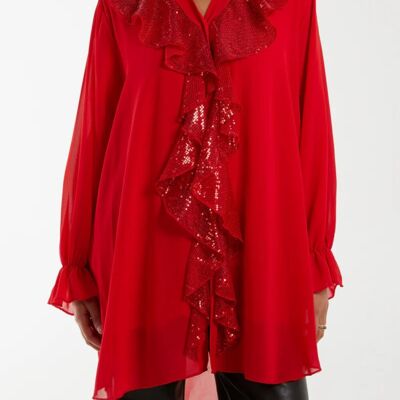 Túnica de corte relajado con mangas largas, volantes en la parte delantera y detalle de lentejuelas en rojo