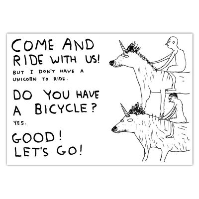 Divertida postal artística A6 de David Shrigley: "Ven a pasear con nosotros"