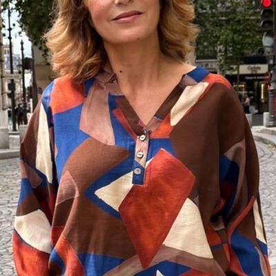 Túnica estampada con mangas largas, cuello en V y puños elásticos - Fabricada en Francia G993AG71