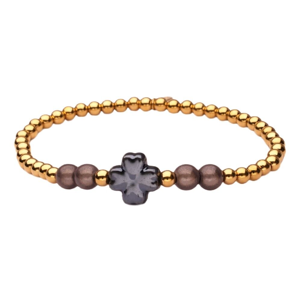 Bracciale LizzyMae in acciaio inossidabile con trifoglio dorato e nero