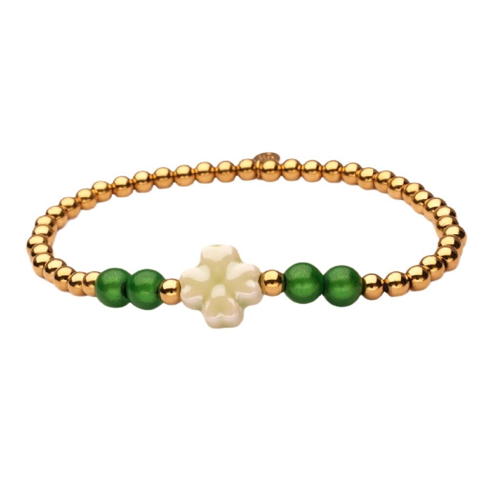 Bracciale LizzyMae in acciaio inossidabile con trifoglio dorato e verde chiaro