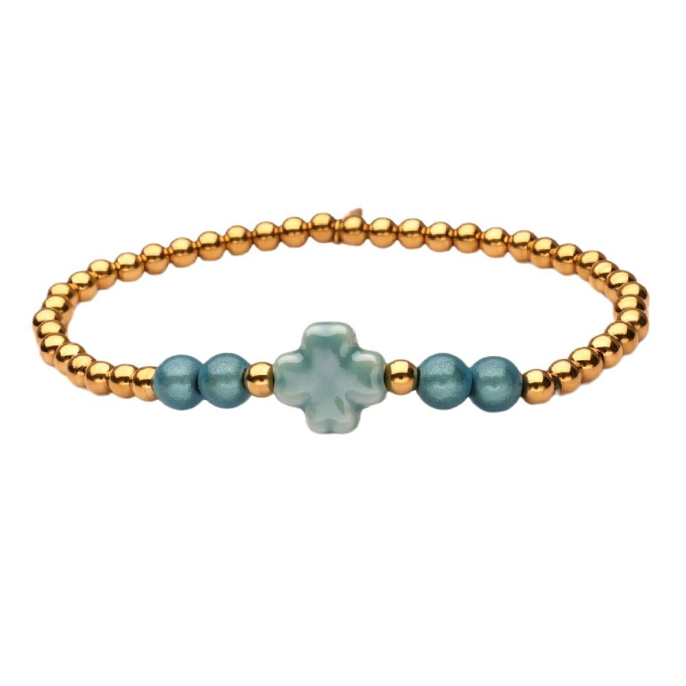 Bracciale LizzyMae in acciaio inossidabile con trifoglio dorato e acquamarina