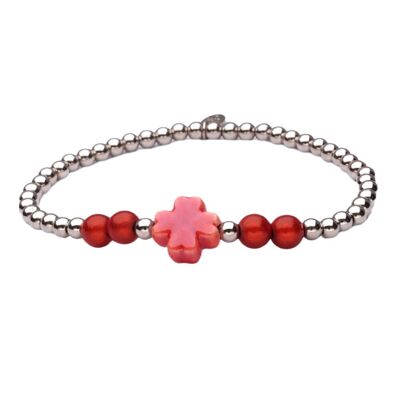 Pulsera LizzyMae de acero inoxidable con trébol rojo y plata