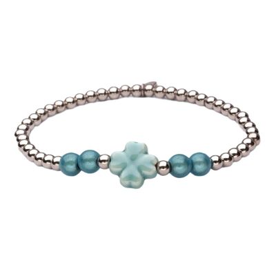Bracciale LizzyMae in acciaio inossidabile, argento, trifoglio, acquamarina