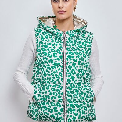 3117- Piumino reversibile senza maniche con stampa leopardata, riciclato